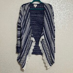 Wrangler Blue‎ Striped Lace Trim Draped Open Front Knit Cardigan Sweater Boho L